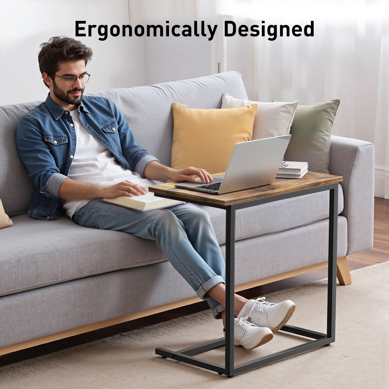 C Shaped End Table 2 PCS, Side Table for Sofa,Modern C-Table for Livingroom,Bedroom,Brown