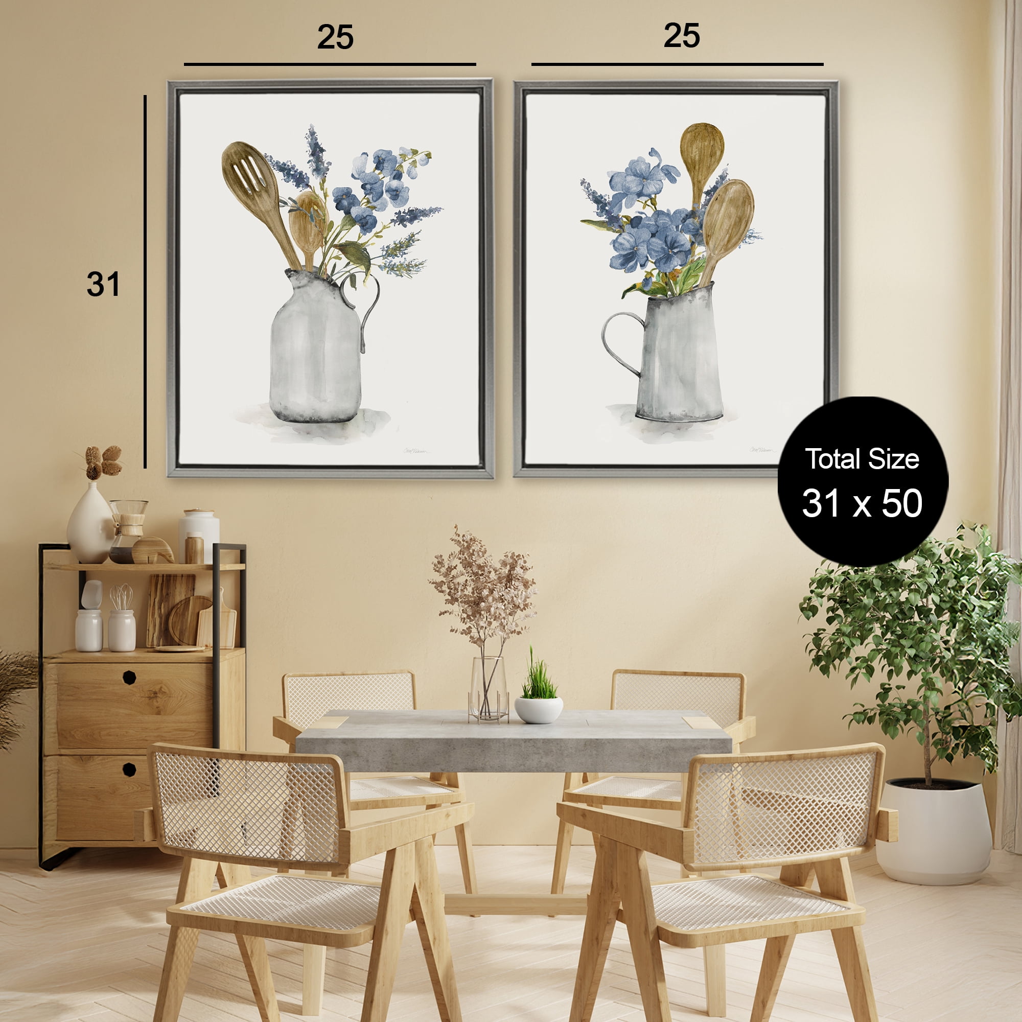 Stupell Industries Kitchen Pitcher Bouquets 2 Piece Gray Framed Floater Canvas Set, design by Carol Robinson
