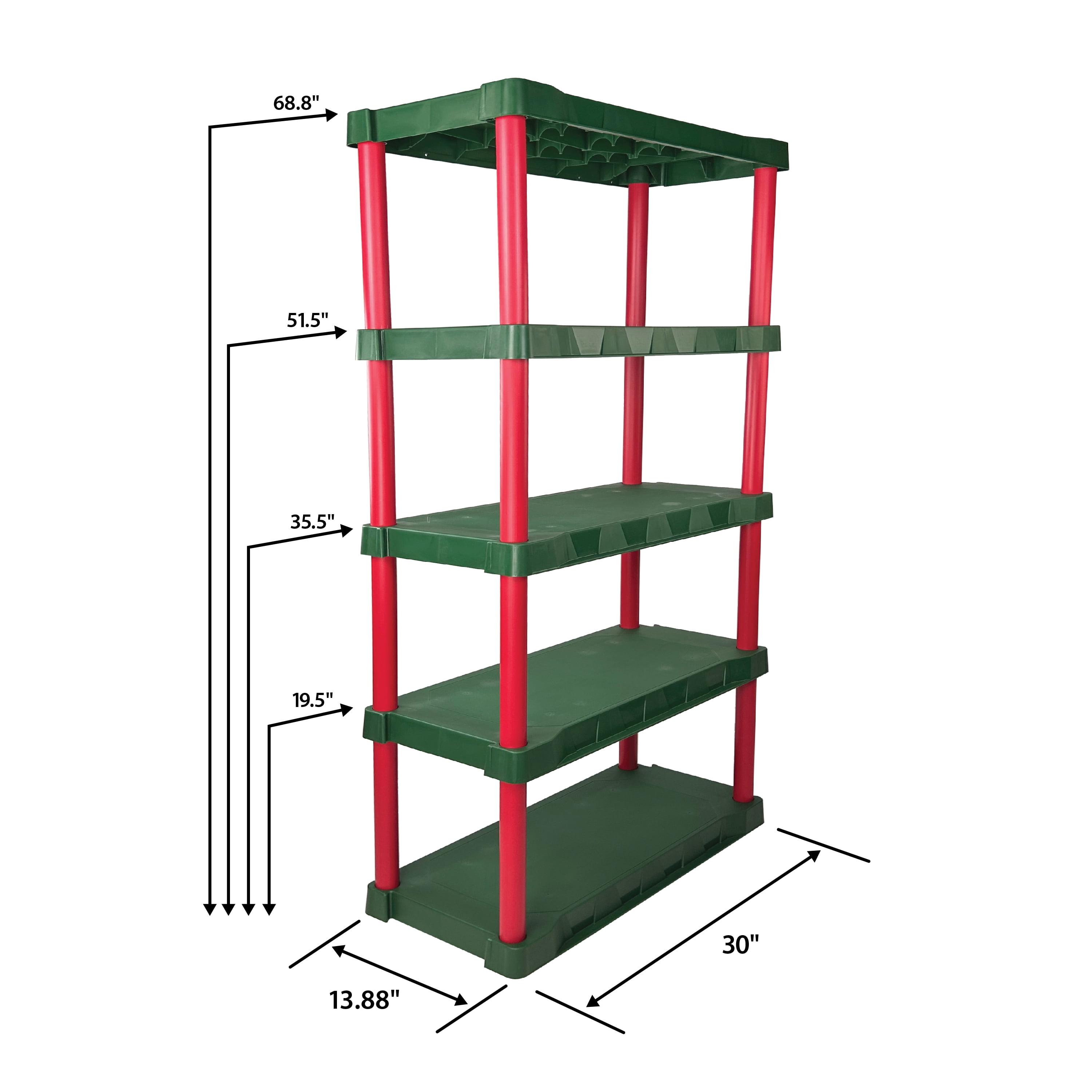 (2 pack) Santa's Little Shelves 13.88"D x 30"W x 68.8"H 5-Shelf Plastic Garage Storage Shelves, Red and Green, Adult