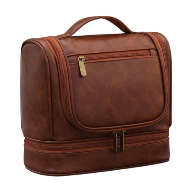 Neceser con gancho para colgar para hombre, de piel sintética, organizador de viaje, bolsa de baño Marrón
