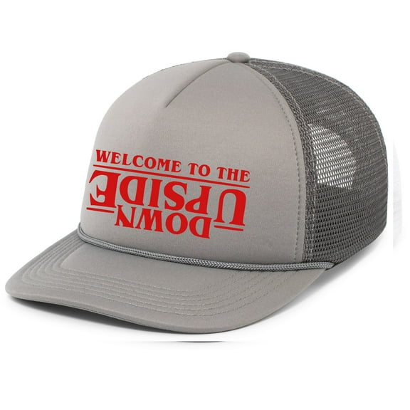 Mens Welcome To The Upside Down Rope Hat Embroidered Foam Front Mesh Back Trucker Hat, Graphite/Graphite