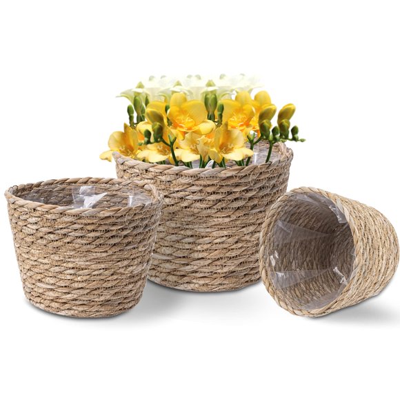 Lot de 3 Paniers de Jardinière en Herbe de Mer, Paniers de Jardinière Tressés, Cache-Pots, Panier de Rangement, Contenants pour Plantes D'Intérieur et d'Extérieur et pour la Maison D