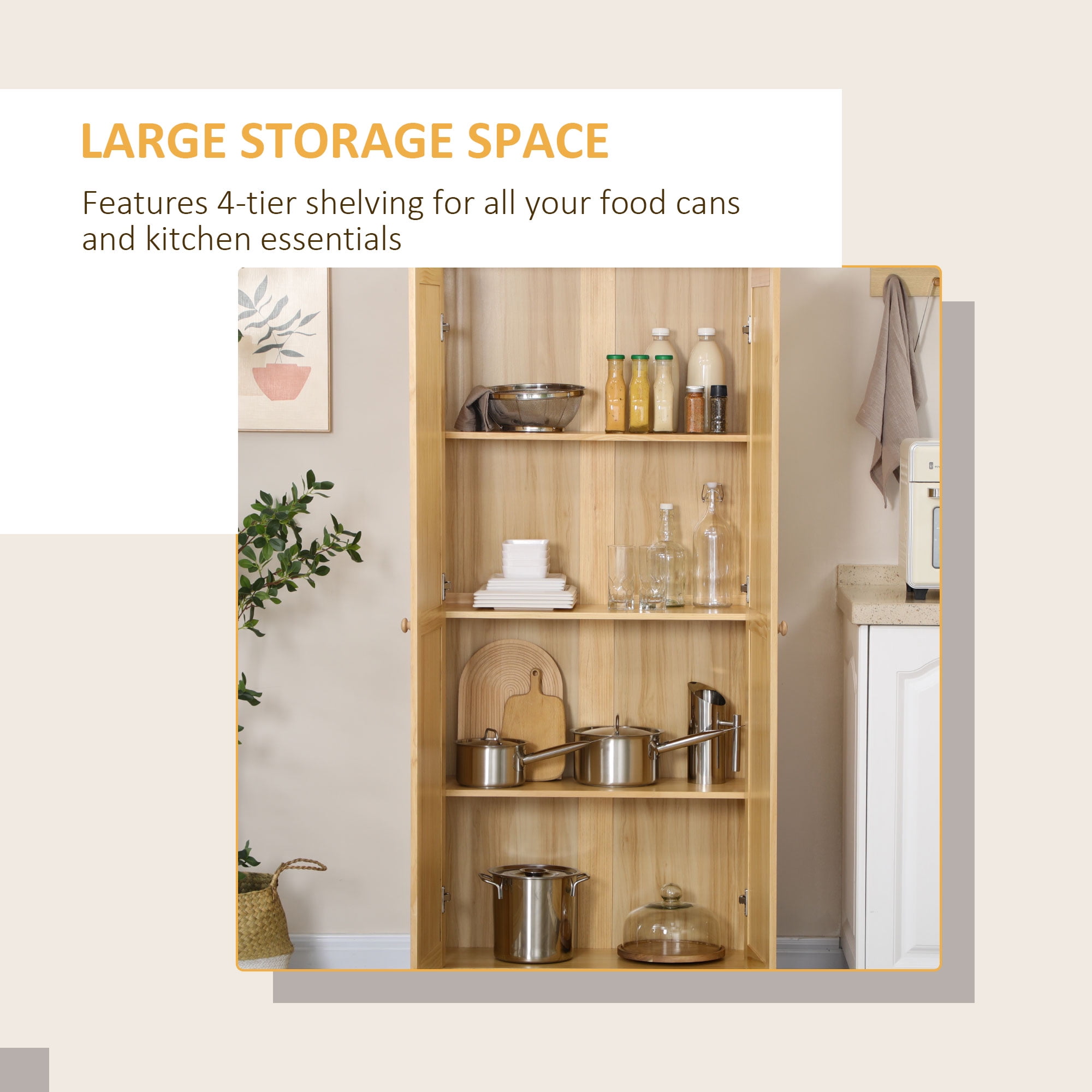 HOMCOM 67" Pinewood Kitchen Pantry Storage Cabinet, Freestanding Cabinets with Doors and Shelf Adjustability, Soft-Close Mechanism, Light Brown