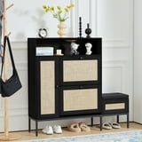 Boho Rattan Shoe Cabinet with Bench - Black