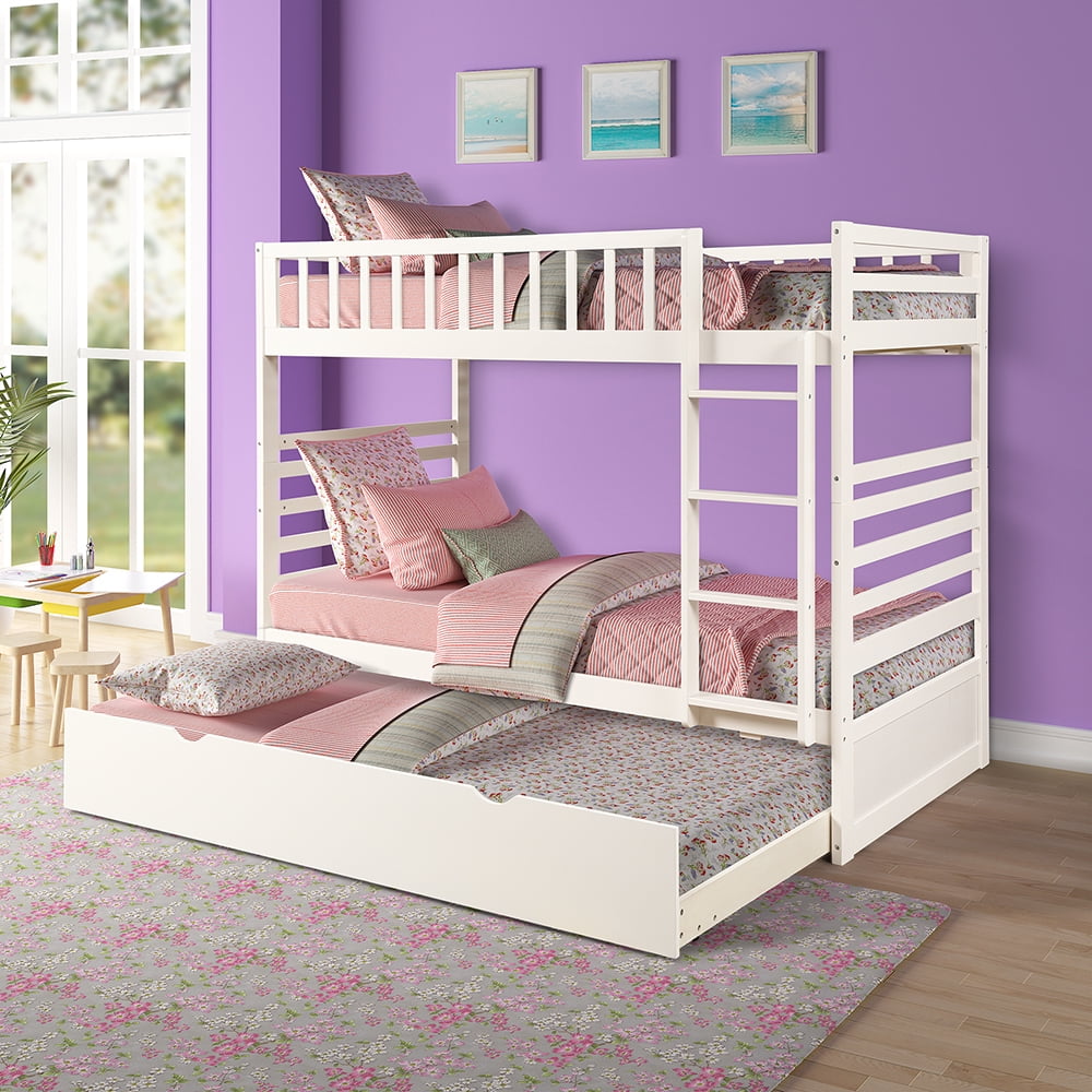 Kepooman Twin Over Twin Solid Wood Bunk Bed with Trundle & Ladder, White Kepooman Twin Over Twin Solid Wood Bunk Bed with Trundle & Ladder, White