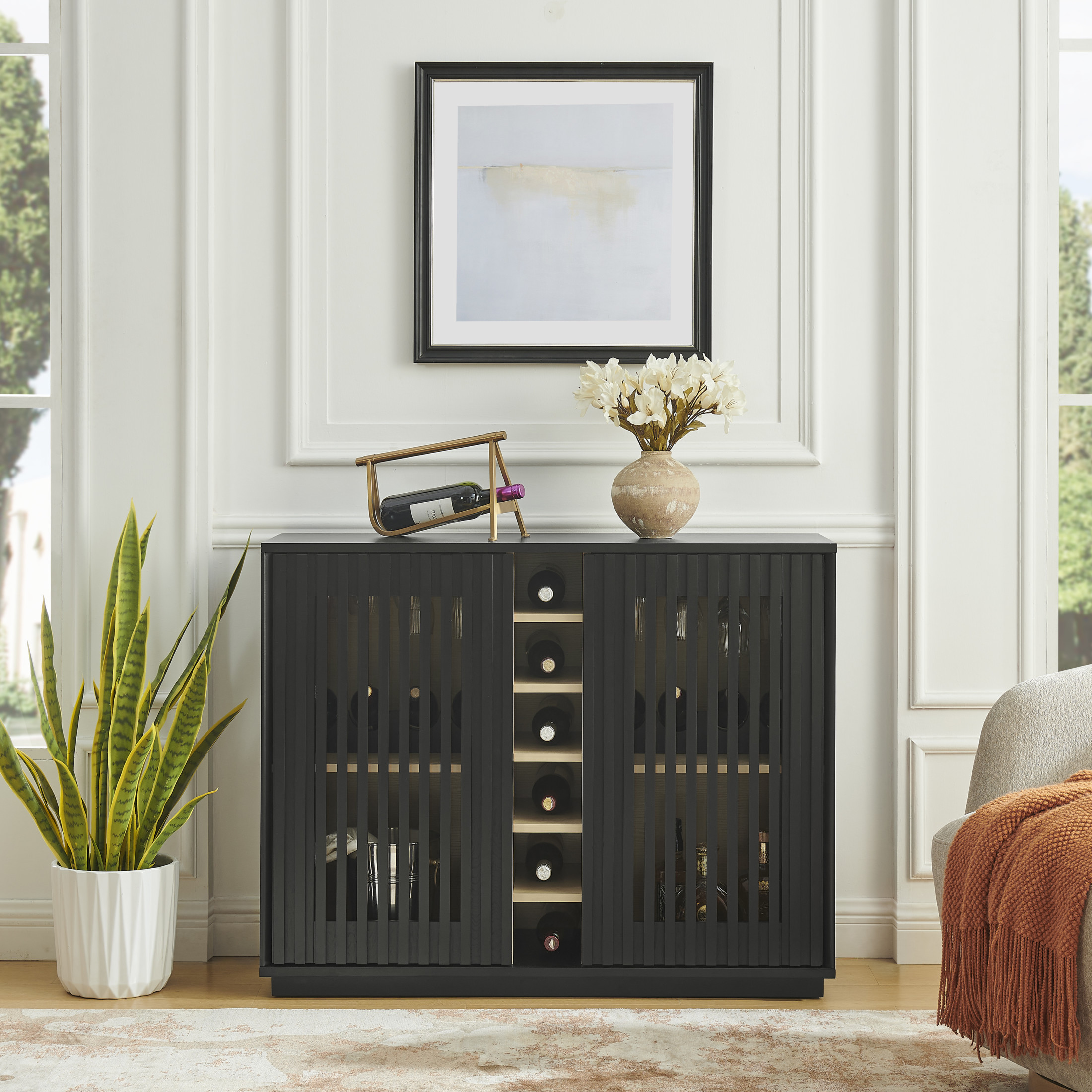 GDF Studio 43.1" Mid Century Modern Fluted Liquor Cabinet with Wine Rack & Glass Holder, Black