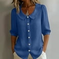 thumbnail image 2 of Womens 3/4 Length Sleeve Cotton Linen Blouses Button Down Peter Pan Collar Breathable Lightweight Tops Soft Wrinkle Resistant Summer Casual Wear , XXL, #03 Royal Blue, 2 of 7
