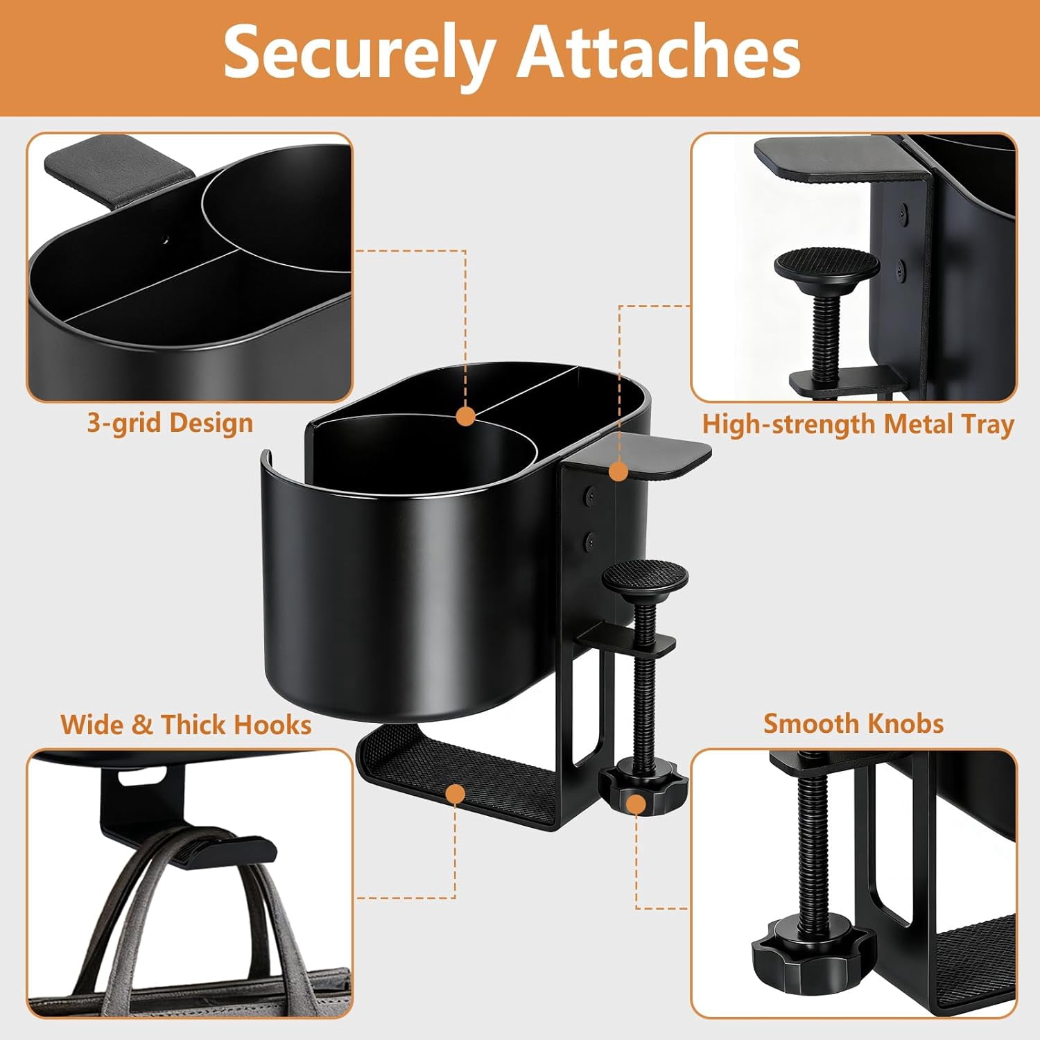 4 in 1 Desk Cup Holder, Clamp On Drink Holder with Headphone Hanger, Anti-Spill Clip on Desk Organizer for Pen Phone Mug, Gaming Office Desk Accessories fits Most Desks