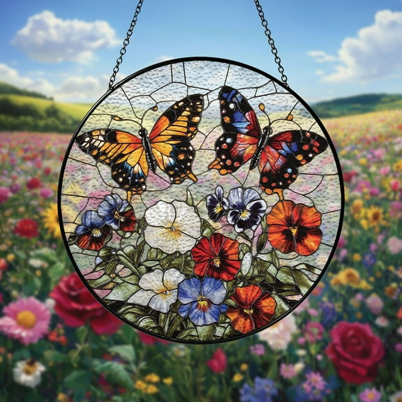 Colorful Butterfly Stained Glass Suncatcher for Window Hanging Wall Decor Art Gift for Butterfly Lovers Flower Ornament Holiday Gift.
