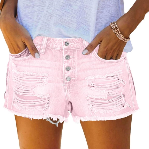 fheaev Womens Jean Shorts Versatile Straight Leg High Waisted Tassel Denim Streetwear Pink XL