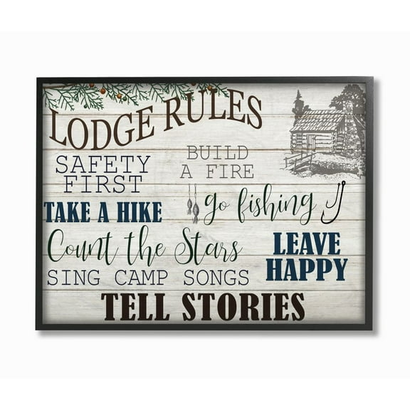 Stupell Industries Lodge Rules Text with Cabin Brown Blue Word Design Framed Wall Art Design by Kim Allen, 16" x 20", Black Framed