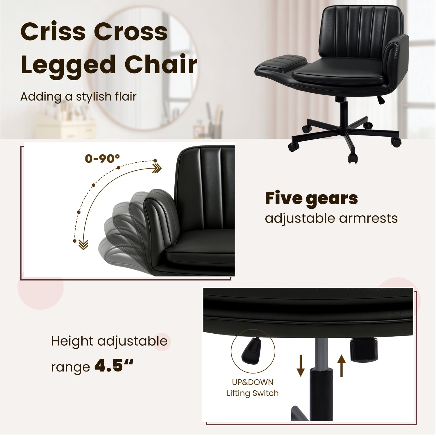 Waleaf Criss Cross Chair with Wheels & Armrests, Criss Cross Office Swivel Chair, PU Leather Vanity Chair with Back, Beige Comfortable Adjustable Vanity Desk Chairs for Home Office and Bedroom
