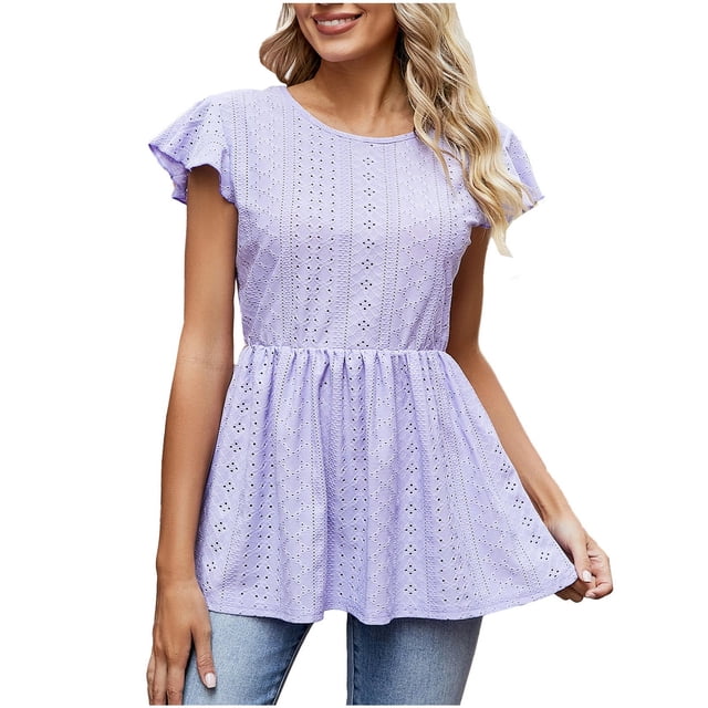 Penkiiy Haut pour Femme Uni à la Mode à Manches Courtes Ourlet de Jupe Col Rond Ajouré Hauts à Manches Courtes Col Rond/chemise L Violet