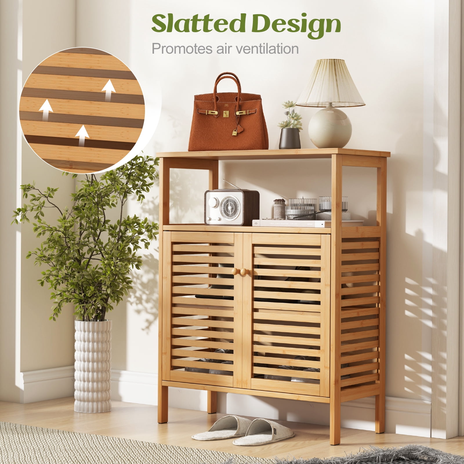 Giantex Bamboo Bathroom Cabinet, Storage Organizer w/Double Louvered Doors, Freestanding Floor Cabinet for Entryway, Kitchen