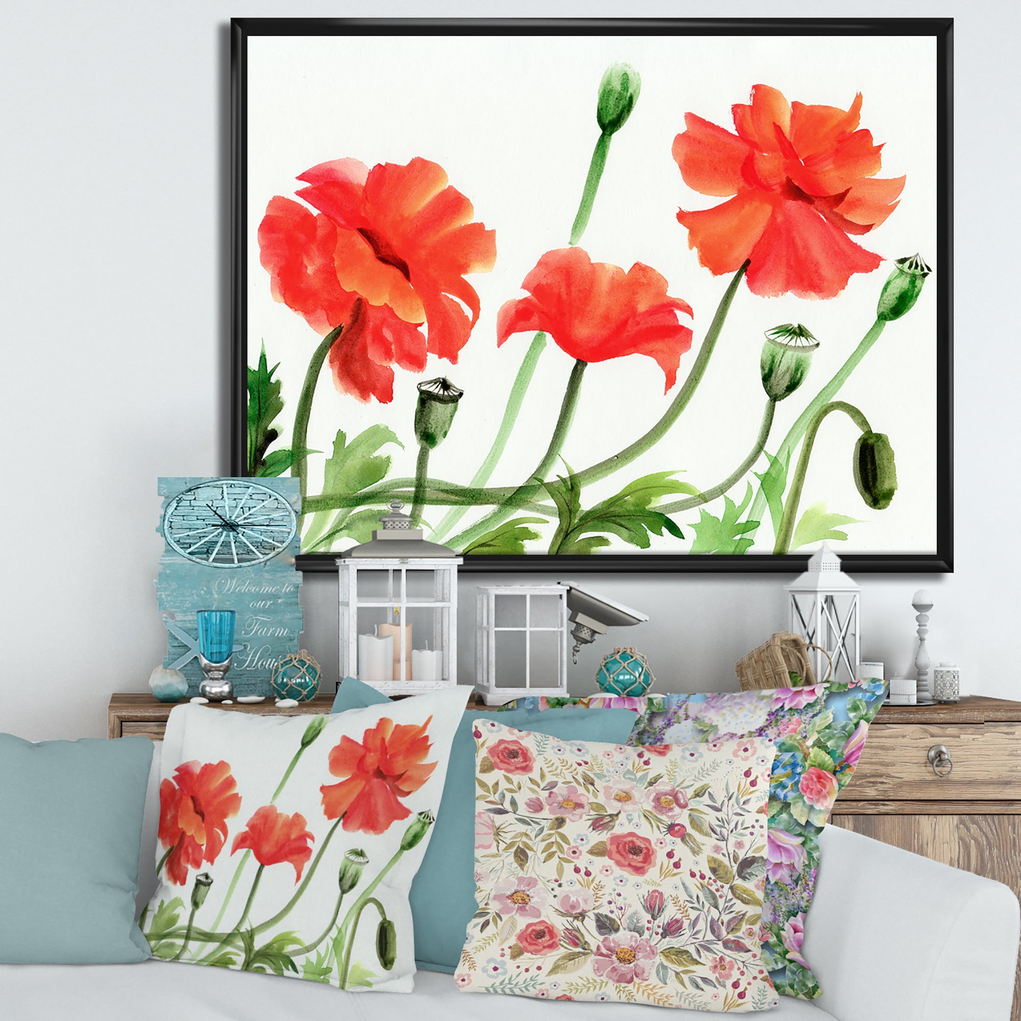 Designart 'Ancient Red Poppies III' Traditional Framed Canvas Wall Art Print