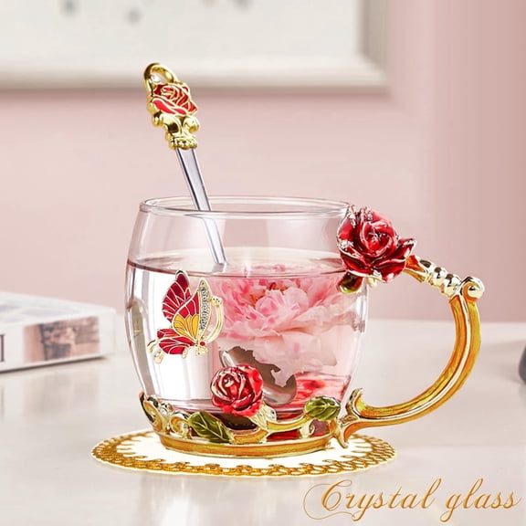 Fwttom Flower Glass Teacup with Spoon - Elegant Coffee Mug Birthday Anniversary Valentines Day Gifts for Women