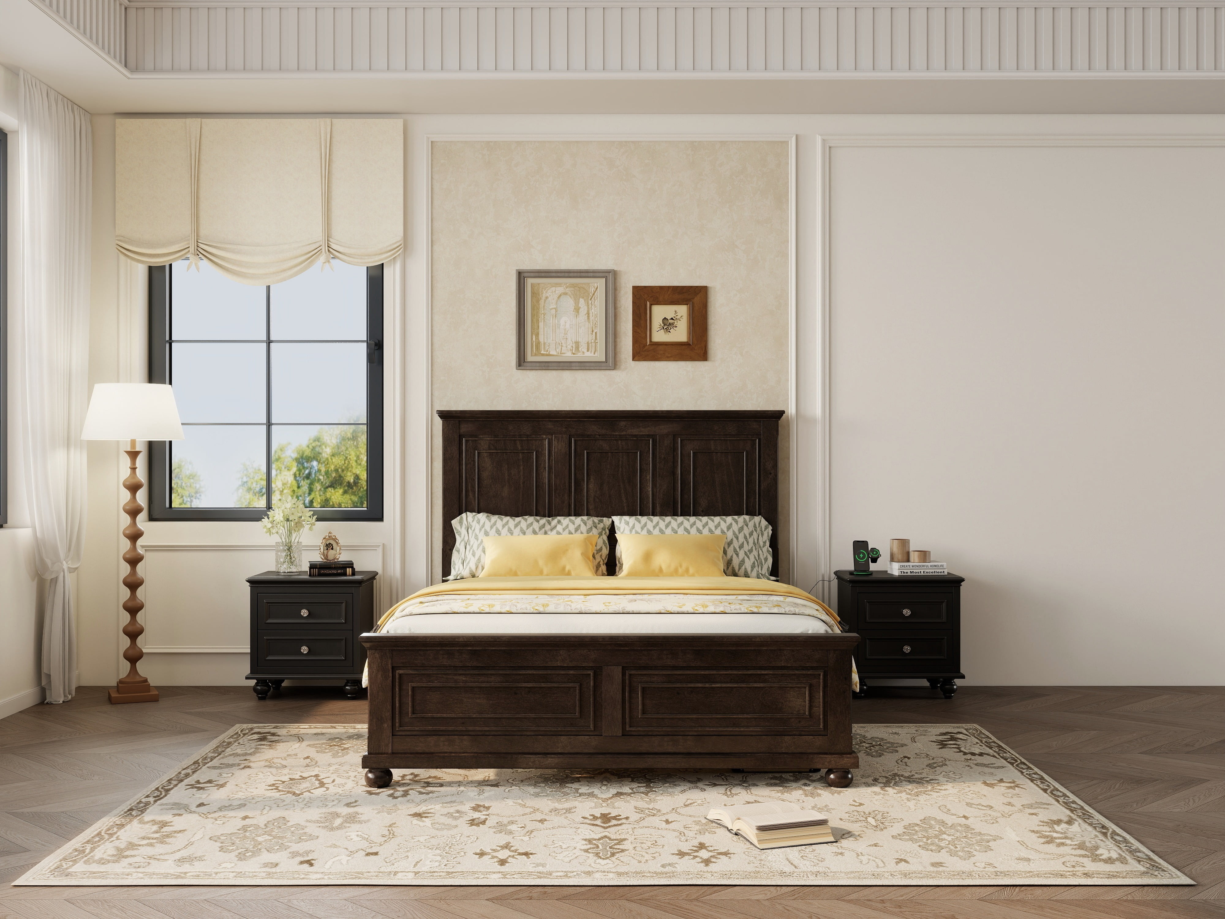 Mirightone Farmhouse King Size Bed Frame with Tall Headboard & Footboard and Built-in Charging Station, Wooden King Bed Frame with Wood Panel Bed Base, No Squeak, Rich Brown