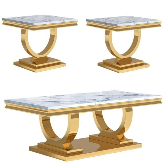 Modern Faux Marble Coffee Table Set of 3, Coffee Table and 2 End Tables, Gold Stainless Steel O-Base, for Living Room, Hallway, Bedroom