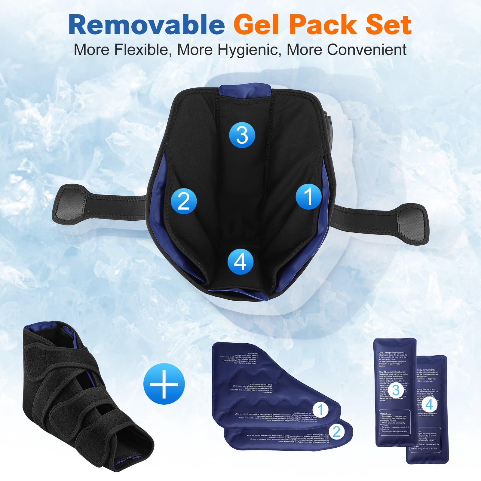 FlareMore Black Ankle Ice Wrap with 4 Gel Packs, Adjustable 360° Foot & Ankle Cold Pack with Compression, Reusable Gel Ice Wrap for Swelling, Sports, and Home Use