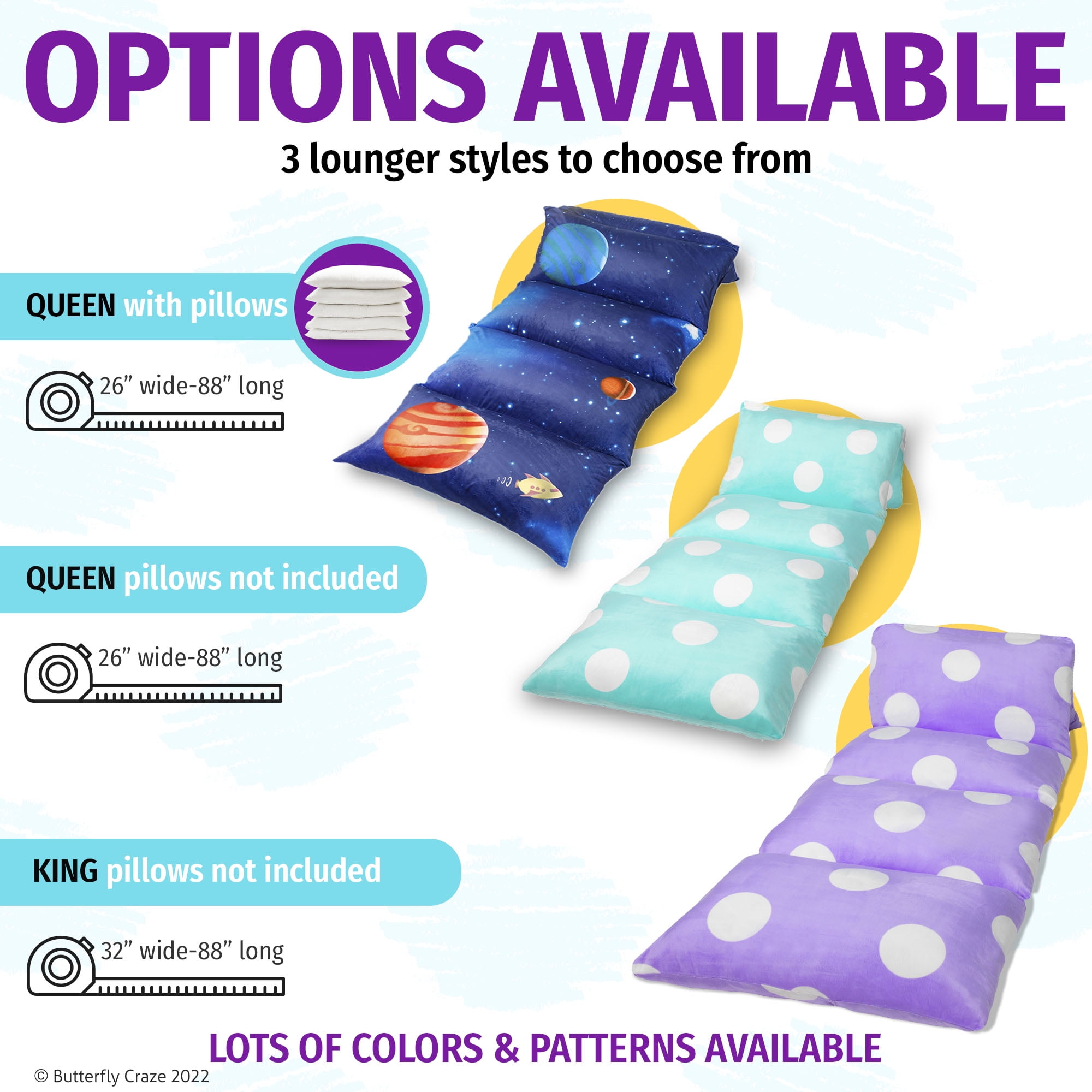 Butterfly Craze Floor Pillow Bed Lounger Cover, Cozy & Stylish Seating Solution for Kids & Adults, Recliner Floor Cushion for Ultimate Comfort, Holds 5 Pillows, Cover Only, Purple Polka Dot, King