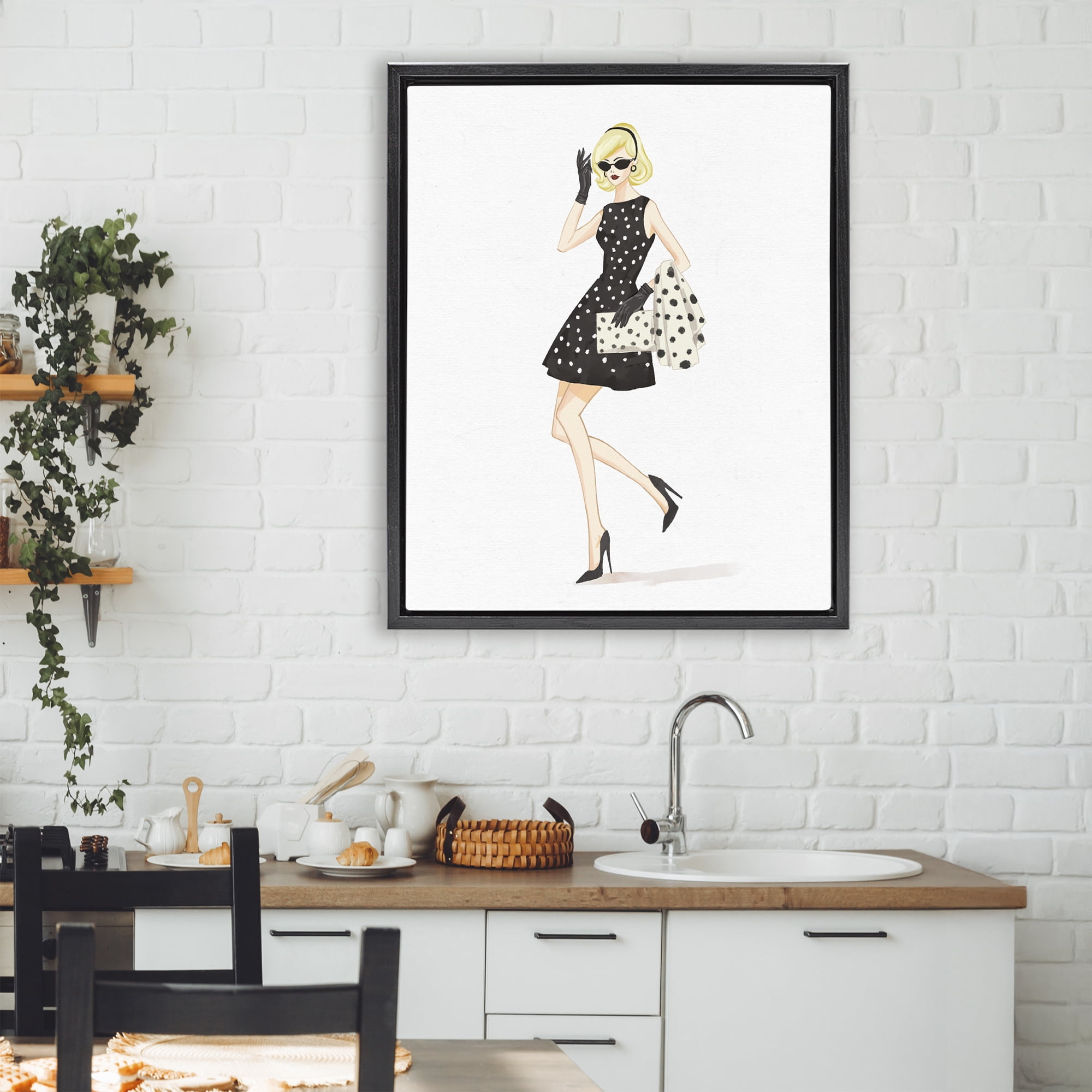 Stupell Industries Retro Trend Polka Dots Black Framed Floater Canvas Wall Art, design by Ziwei Li