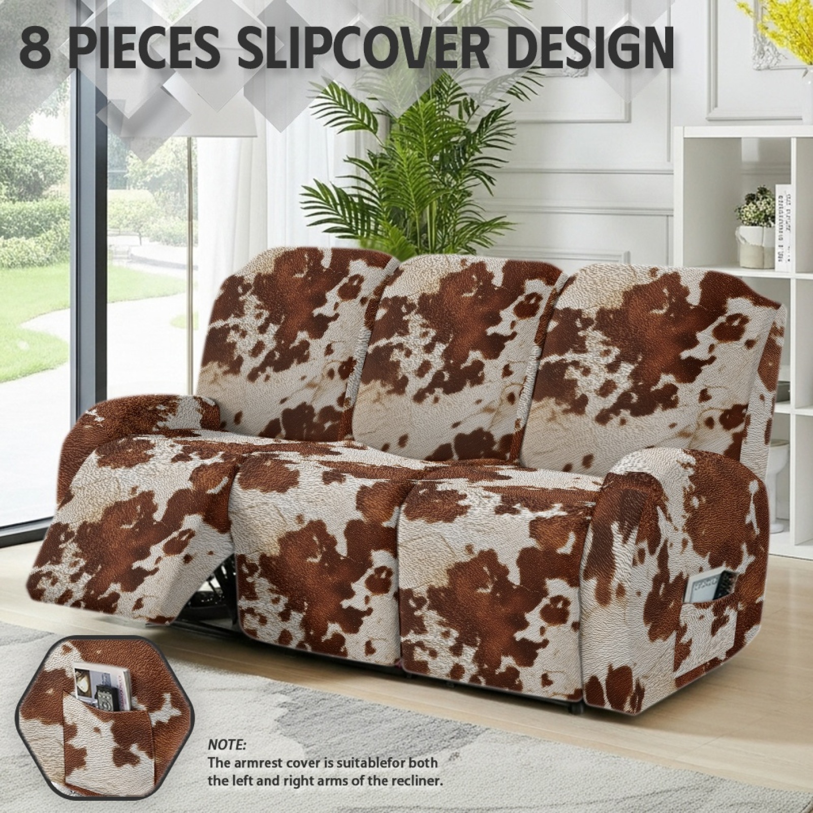 COEQINE Brown Cow Print Recliner Sofa Cover Polyester 3 Seater Reclining Chair Protector 8 Pieces Stretch Recliner Chair Cover Dog Couch Slipcover for Living Room Home Decor