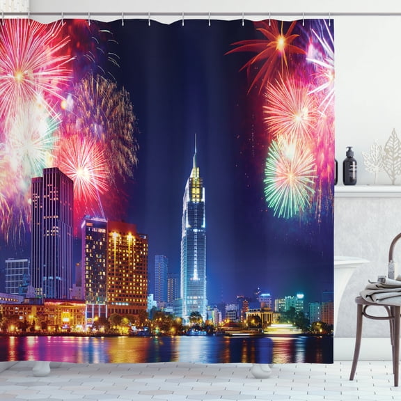 Ambesonne City Shower Curtain, Fireworks in Ho Chi Minh City, 69"Wx70"L, Multicolor