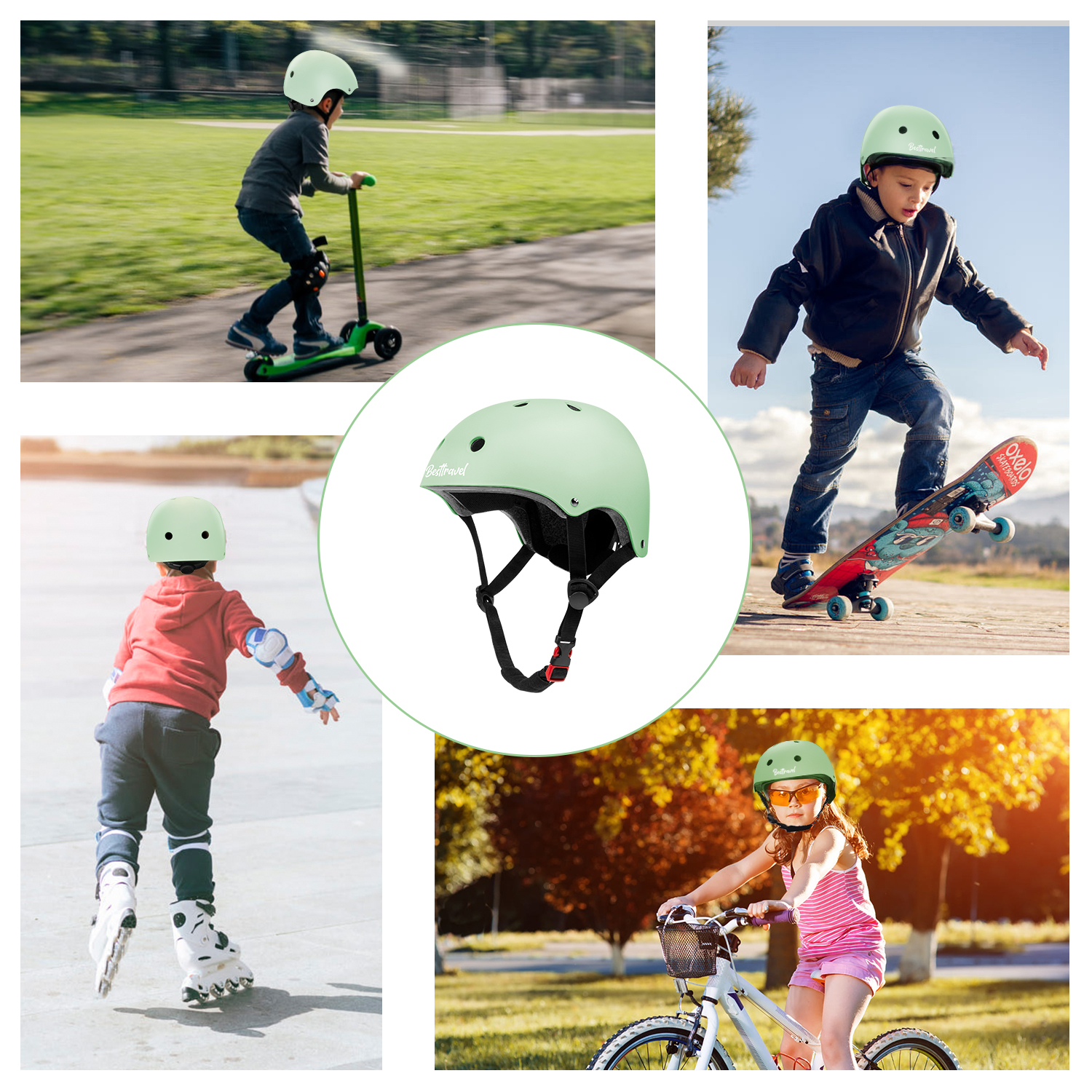 Kids Bike Helmet for Toddlers 3-8 Years, Adjustable Lightweight Multi-Sport Protection for Cycling & Skateboarding - Light Green
