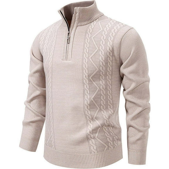 NTACZA Cable Knit Sweaters Men Beige Mock Neck Long Sleeve Sweaters Stretch Classic Fit Stand Collar Polos Mens Jumpers L