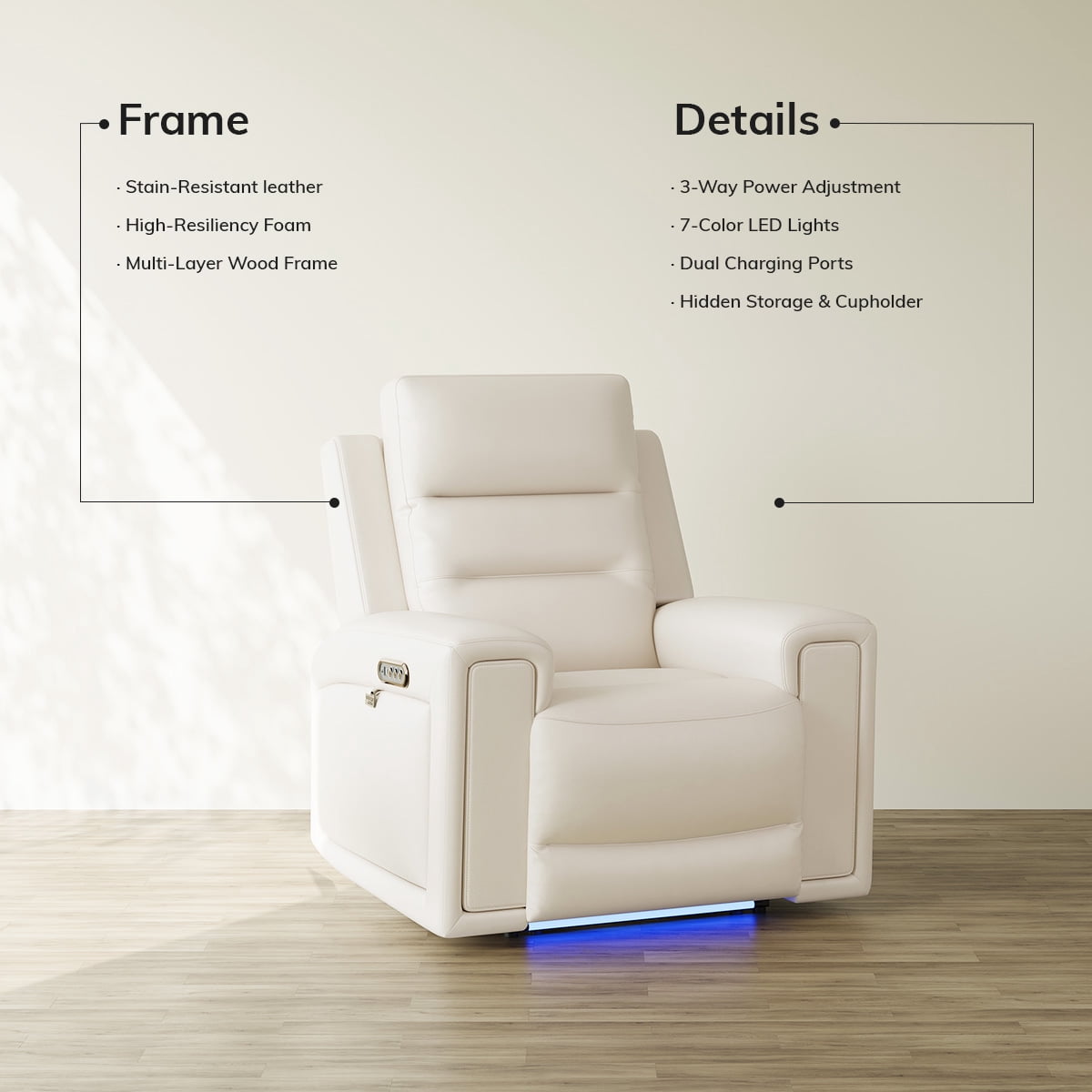 COLAMY Electric Power Recliner Chair with Triple Motor, Adjustable Power Headrest and Lumbar Support, Heavy Duty Home Theater Seating with LED, USB Type-C Ports, Storage, Beige