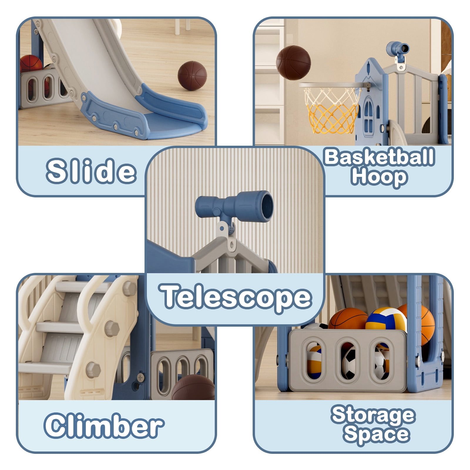 XJD 5 in 1 Toddler Slide, Kids Climber Slide with Basketball Hoop and Ball, Indoor Outdoor Playset for Toddlers Age 1-4 (Blue)