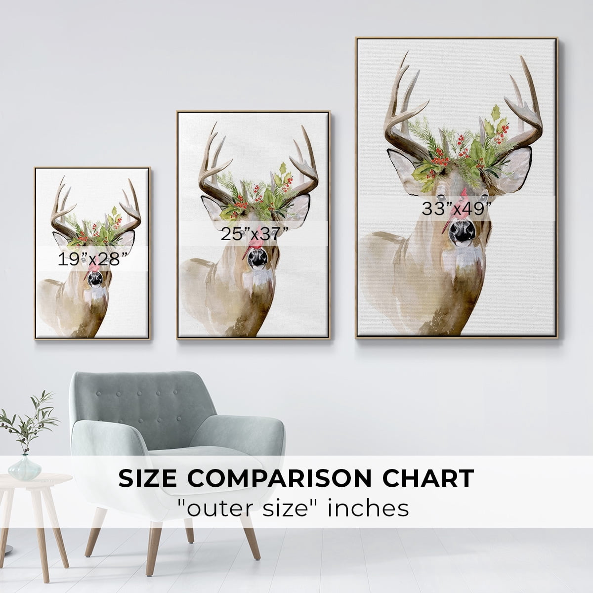 Holiday Deer II - Framed Gallery Wrapped Holiday Canvas - 17 x 25 - Natural Wood Frame