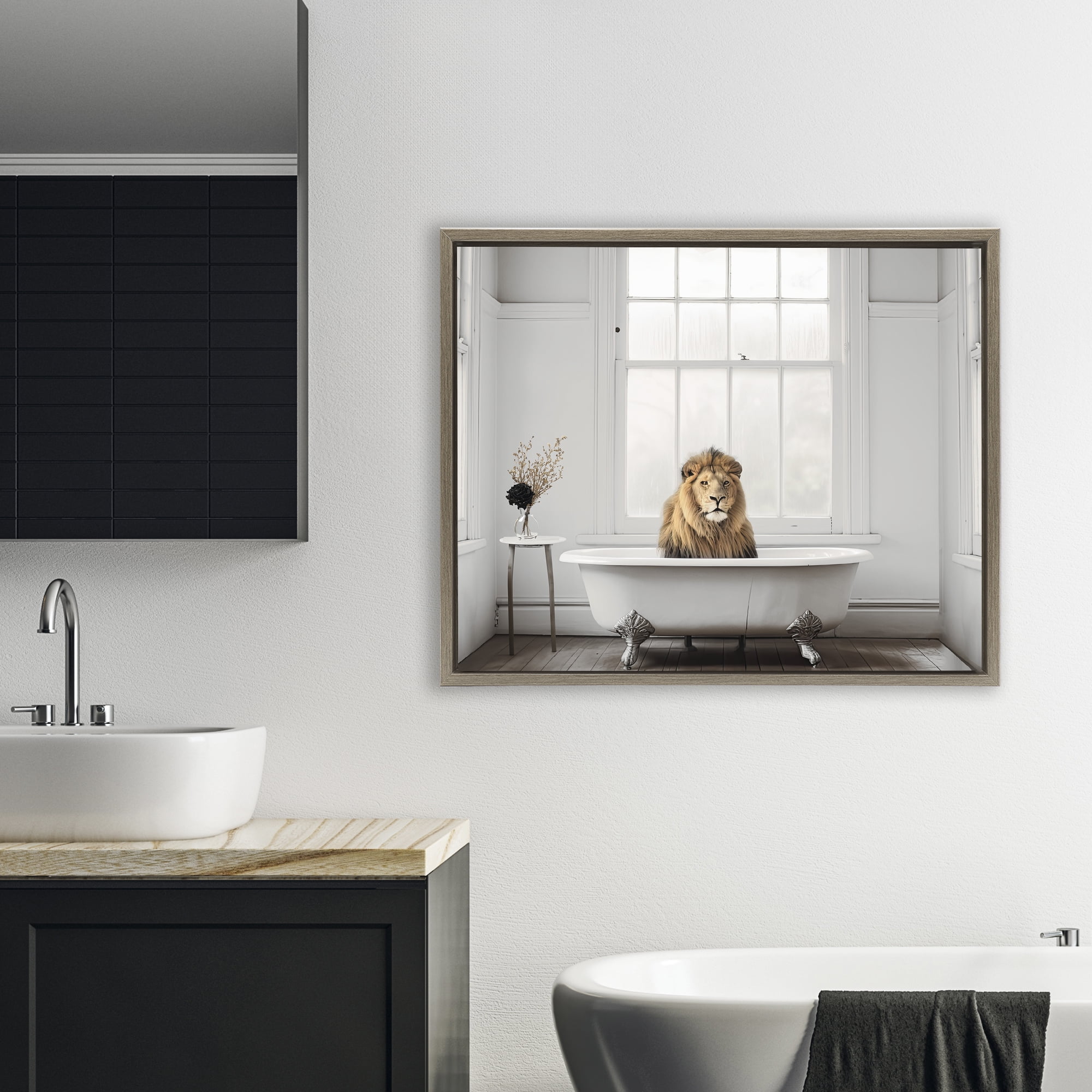 Minimalist Lion Bathtime Brown Framed Floater Canvas Wall Art, design by Sasha