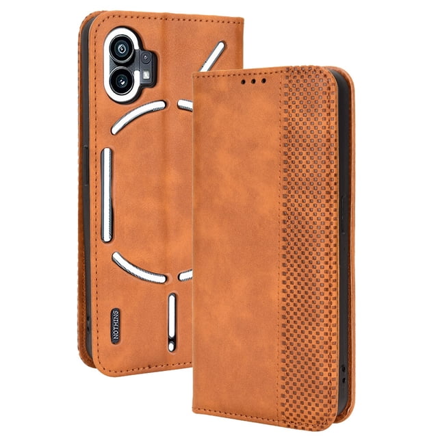 Compatible with Nothing Phone 1 Case Magnetic Closure Vintage Pattern PU Leather Wallet Cover with Card Slots-Brown