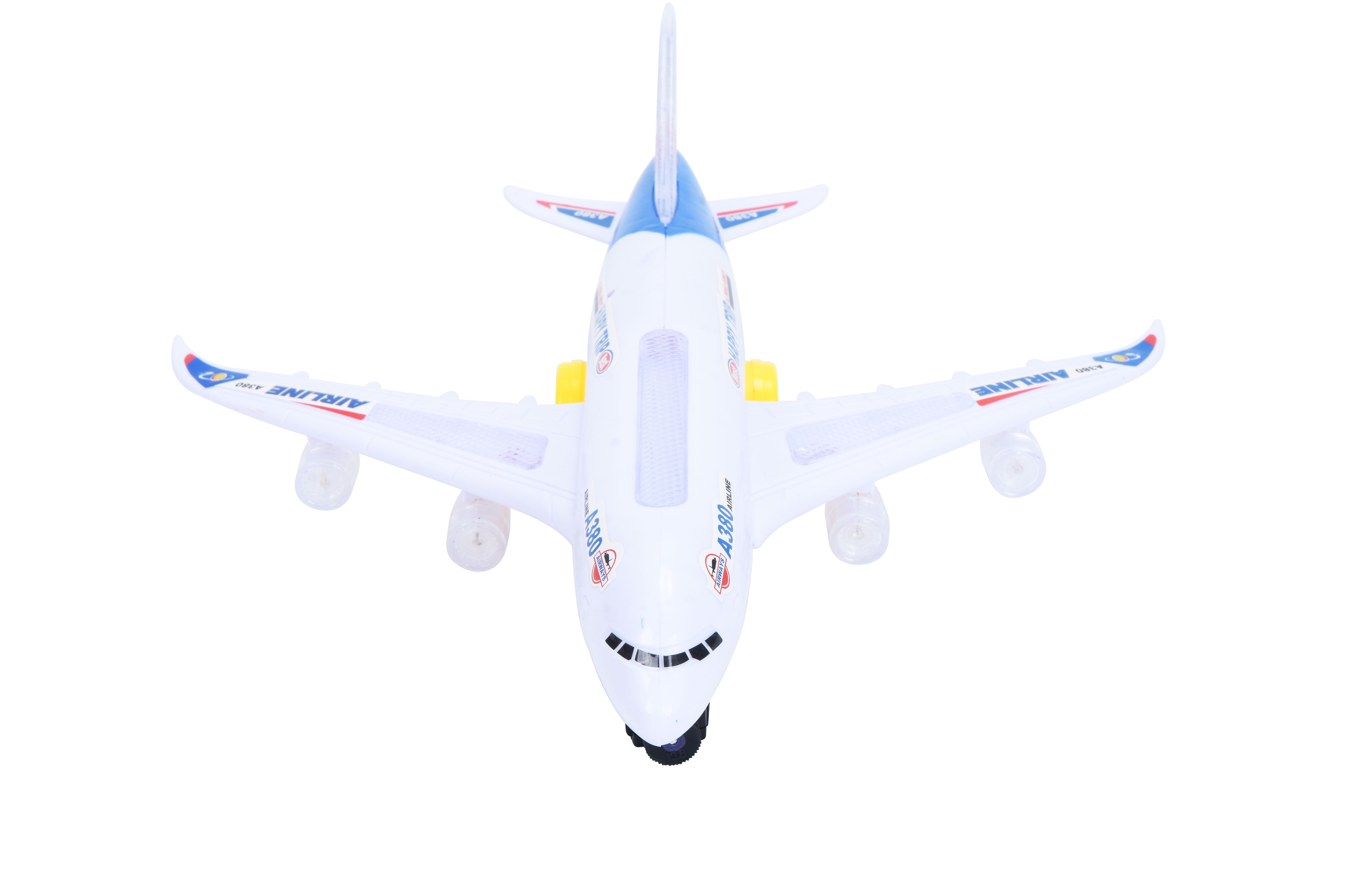 PlayWorld All Aboard! Bump and Go Electric Air Bus A380 Kids Action Airplane - Model Plane with LED Lights and Sounds - Changes Direction On Contact - Blue
