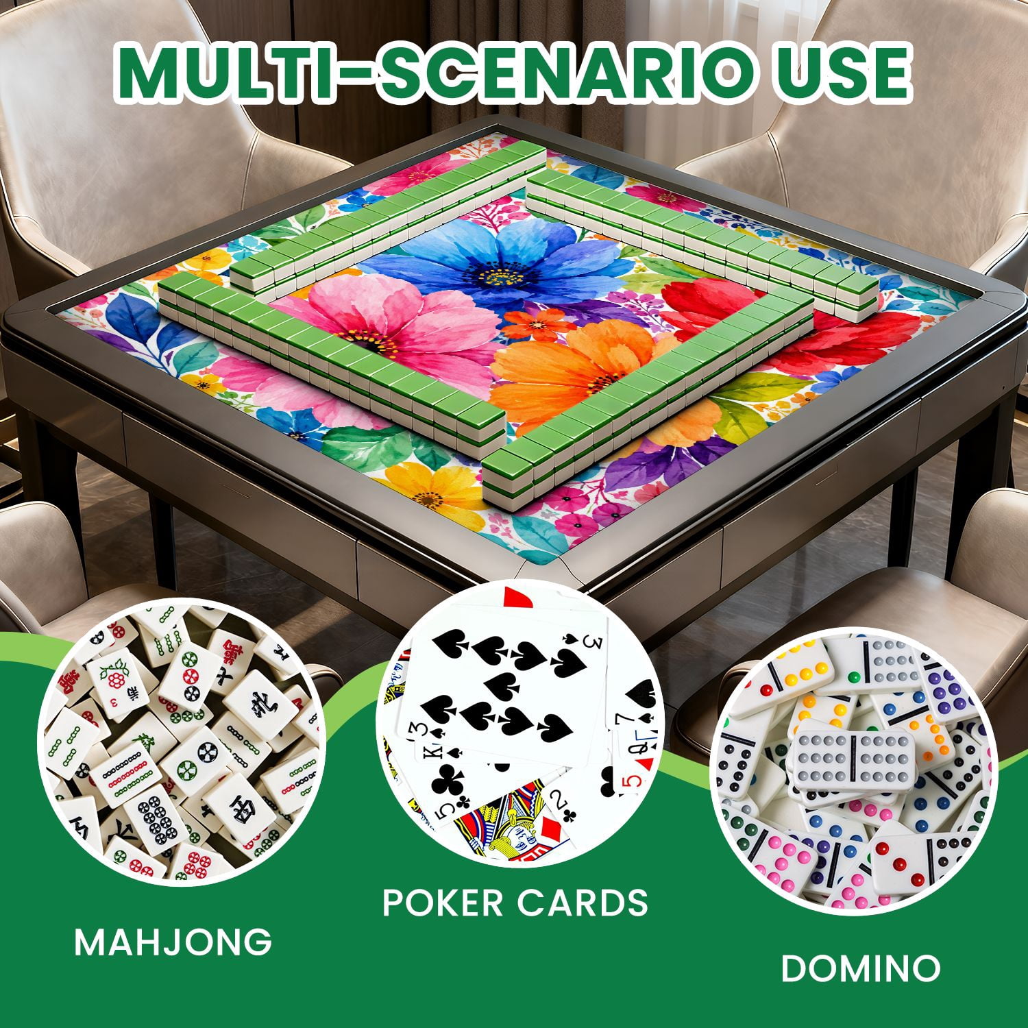 Mahjong Mat 31.5" x 31.5" Vibrant Floral Pink Blue Green Flowers Non-Slip Noise Reduction Mahjong Tiles Table Cover for Dominoes Poker Card Board and Tile Games