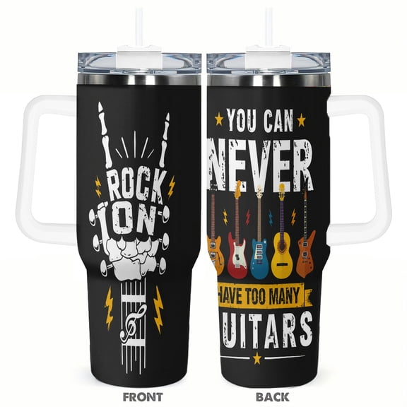 Rock On Guitar Lover 40oz Insulated Tumbler with Handle and Straw Stainless Steel Travel Cup Music Lover Gift for Guitar Players