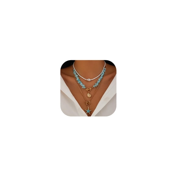 Collar Hclian de Caparazón de Mar con Estrella de Mar Turquesa en Capas