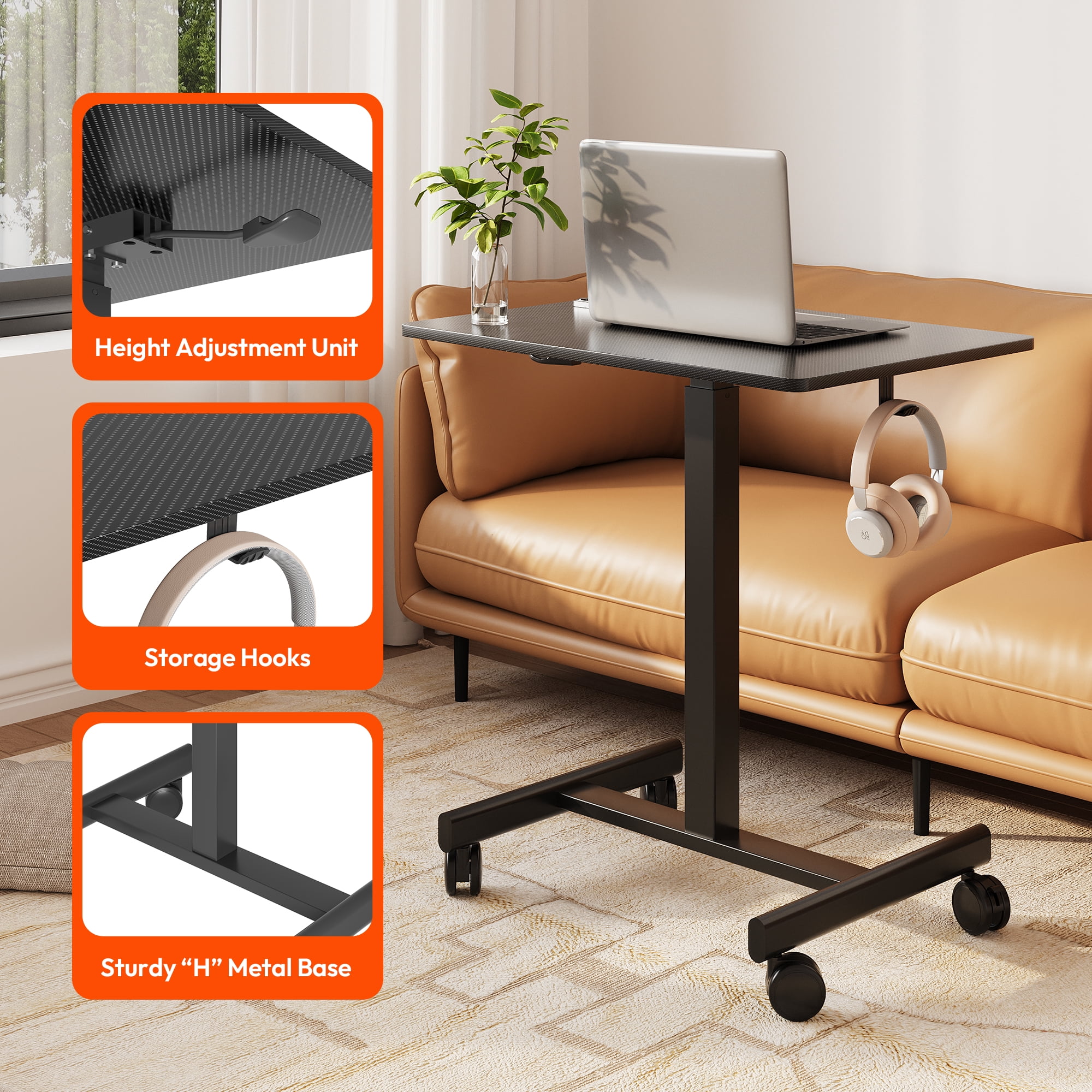 26"×19" Carbon Fiber Mobile Height Adjustable Desk, Gas Spring Sit-Stand Mini Desk with Lockable Casters & Headphone Hook, H-Shape Steel Base
