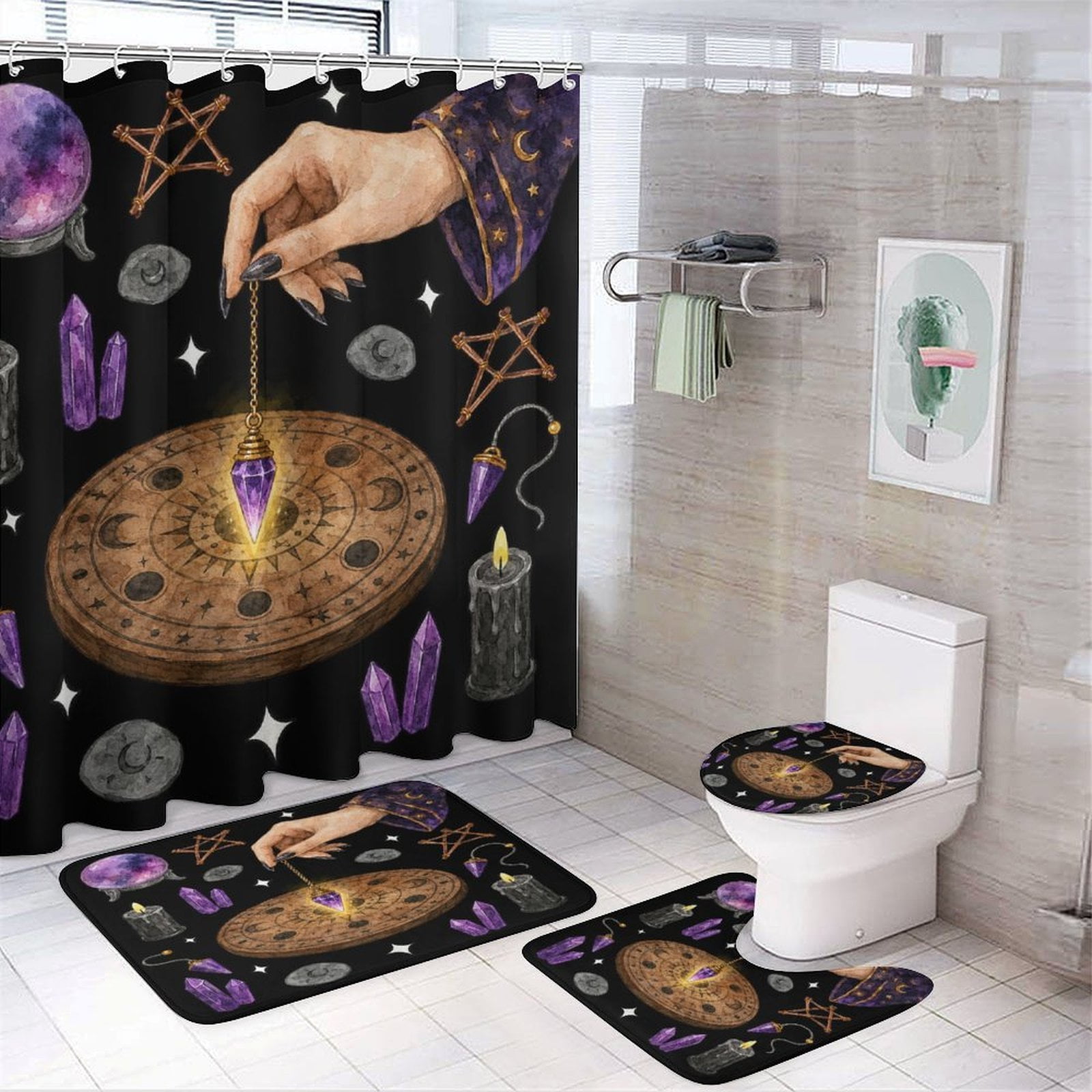 RKSupls 4PCS Mystical Hand Pendulum Crystal Ball Candles Waterproof Shower Curtain Sets with Hooks Bathroom Sets with Non-Slip Rugs Toilet Lid Cover and Bath Mat