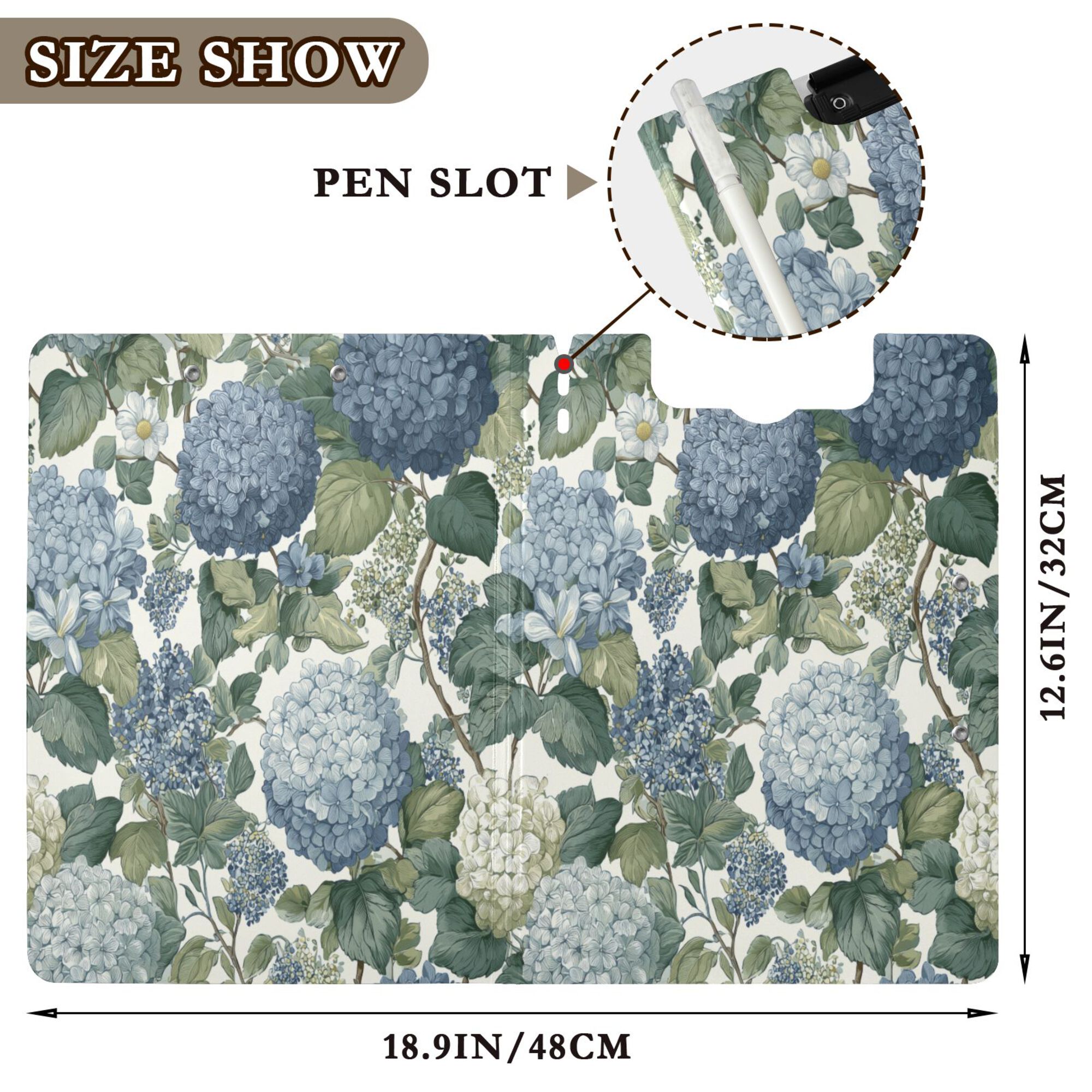 FORMRS A4 Clipboard Folder with Pen Holder Horizontal Foldable School Office Binder, Watercolor Hydrangeas Pattern