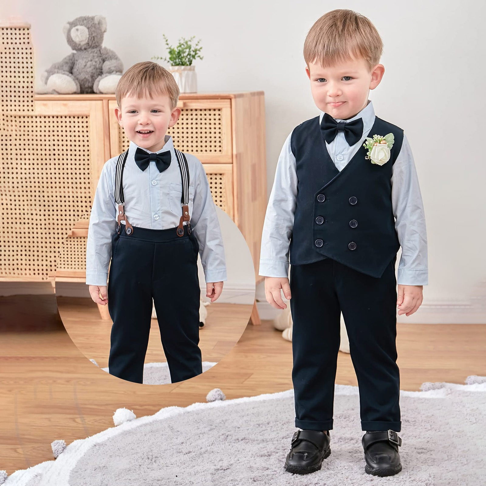 Gubotare Suit for Baby Boy Boy Suit Toddler Boys Formal Dress Outfit Shirt+Printed Tie+Vest+Pants Baby Tuxedo Boys Wedding Clothes 12 18 Months,(Navy 12-18 Months)