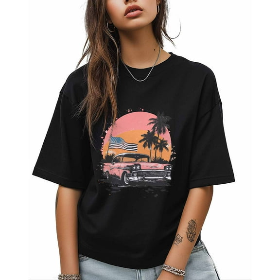 T Shirts for Women Short Sleeve Cotton Crewneck T-Shirt, Car Sunset American Flag Vacation Tee Tops Casual Basic T-Shirts, XS-5XL Black S