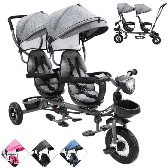 Triciclo Doble para Niños Asiento Giratorio Gemelar Luz Sonido Cinturón de Seguridad Llantas de Goma Apto a partir de 1 Año - Gris