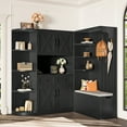thumbnail image 3 of L-Shaped Hall Tree with Storage and 4 Hooks, Multifunctional 2-in-1 Mudroom Storage Organizer with Bench, Center Storage Open Cabinets for Living Room, Kitchen and Hallway, Black, 3 of 9