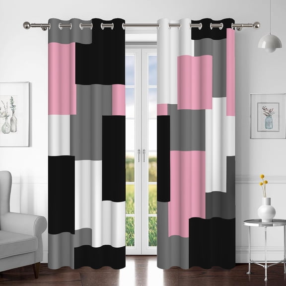 Aofoto Pink and Black Blackout Curtains, Gray White Girls Abstract Geometric Preppy Art Kids Adults Living Room Bedroom Window Drapes, 52" W x 84" L, 2 Panels