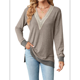 thumbnail image 3 of Blusas de Otoño para Mujer, con Escote en V, Encaje, Larga, Holgadas, con Ribete de Bloques de Color, Moda 2025 Color Café M, 3 of 10