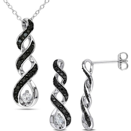 3/8 Carat T.G.W. Created White Sapphire and 1/5 Carat T.W. Black Diamond Sterling Silver Infinity Pendant and Drop Earrings Set, 18