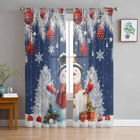 Navy Blue Snowman Christmas Sheer Curtains 96 Inches Long 2 Panels Set, Window Sheer Curtains for Living Room/Bedroom, Xmas Tree Red Balls Snowflake Light Filtering Rod Pocket Curtain 52'' x 96'' x 2