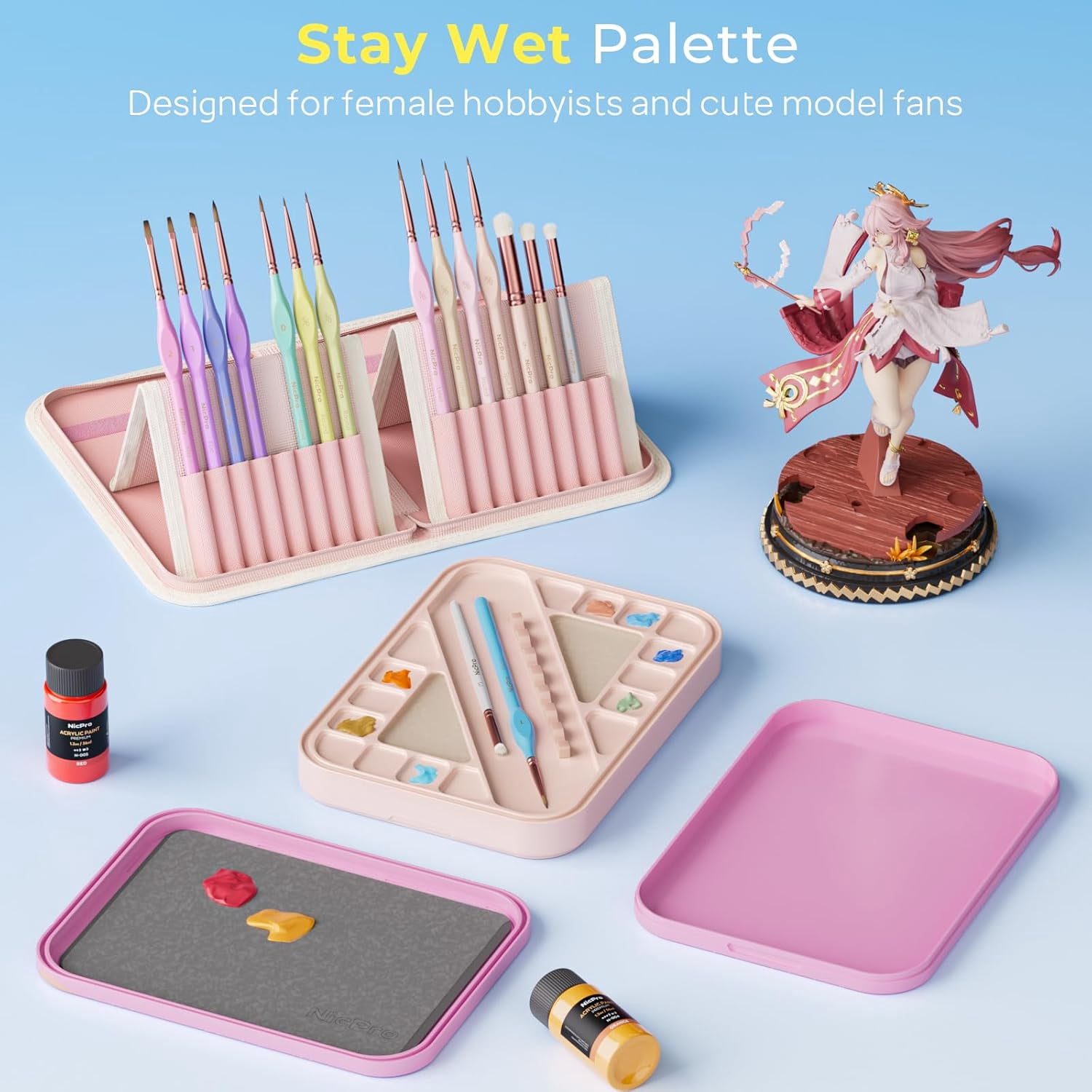 Nicpro Aesthetic Miniature Painting Kit, Stay Wet Palette & 16PCS Detail Paint Brushes Drybrush with Bag, Pallet Paper, Sponges, Mixing Paint Saver Palette for Acrylic, Paint by Numbers, Cute Figures